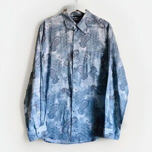 Vintage‎ Reunion Blue Paisley Print Long Sleeve Button Up Shirt Size Large